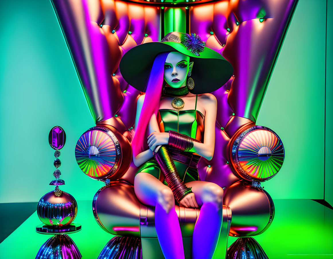 Futuristic digital artwork: Purple-skinned female with green hair in neon-lit room