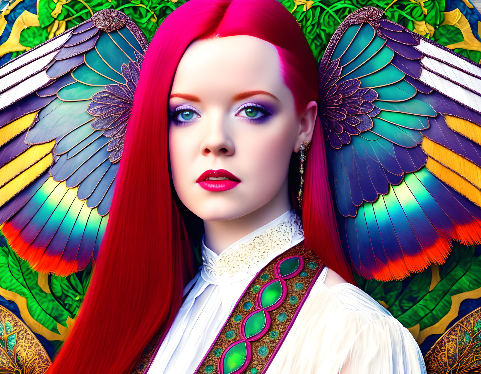 Vivid digital art: Woman with pink hair, blue eyes, colorful parrot-like wings