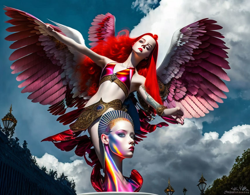 Digital artwork of woman with red hair and white wings embracing multicolored figure in cloudy sky.