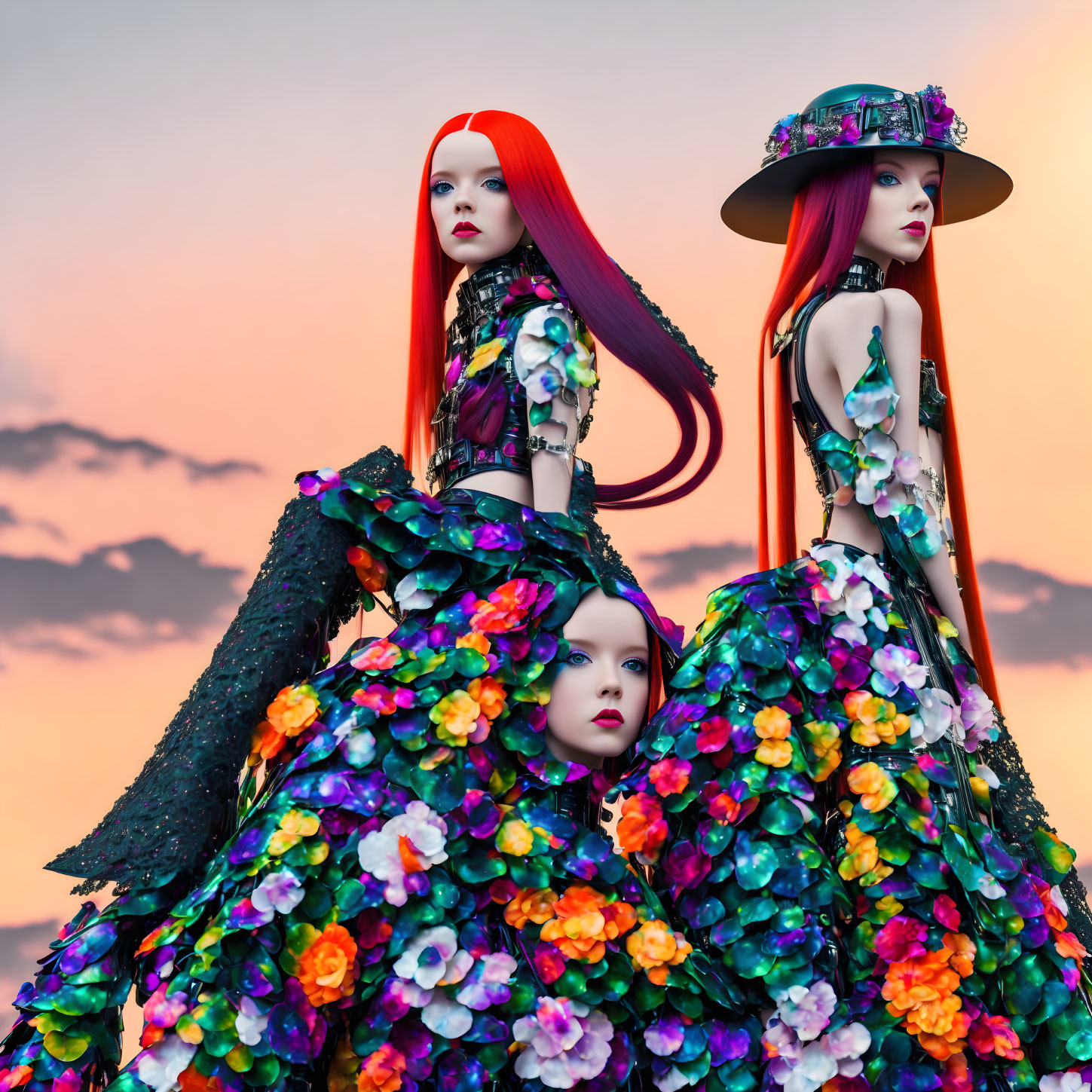 Mannequins with Red Hair in Floral Dresses at Twilight