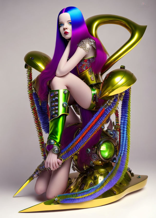 Illustration of woman in purple hair & futuristic armor on rainbow-accented throne