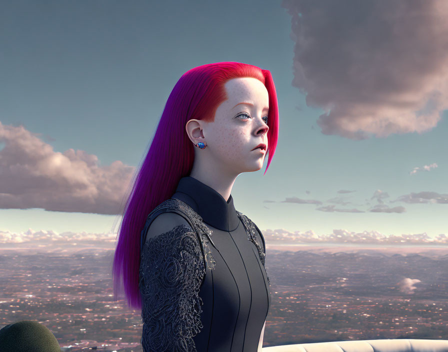 Vibrant CG image: woman with pink hair and blue earrings, overlooking landscape.