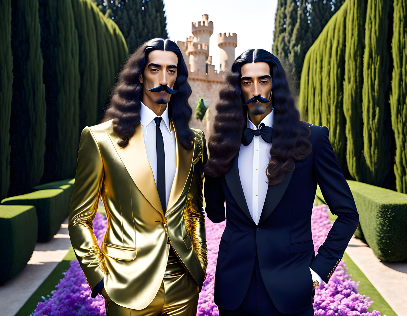 Stylized men in formal suits in garden with castle