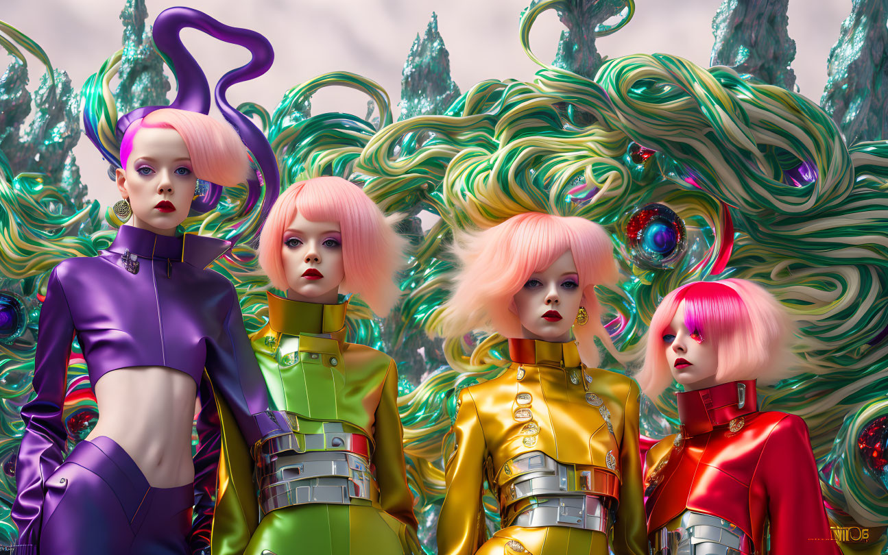 Vibrant pink-haired futuristic female figures in colorful latex outfits