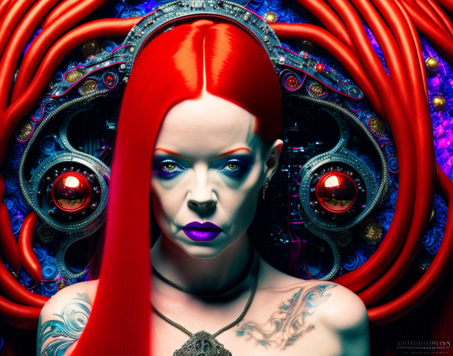 Striking Red-Haired Woman in Cyberpunk Setting