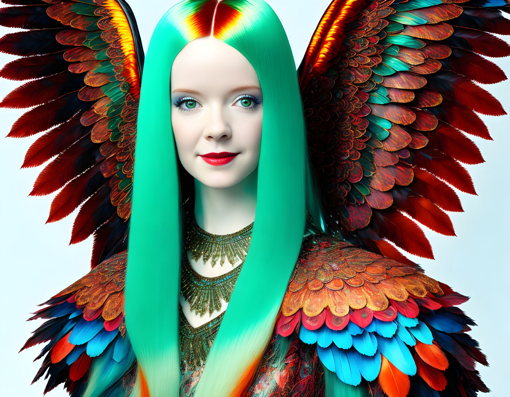 Multicolored hair woman with rainbow wings gazes forward