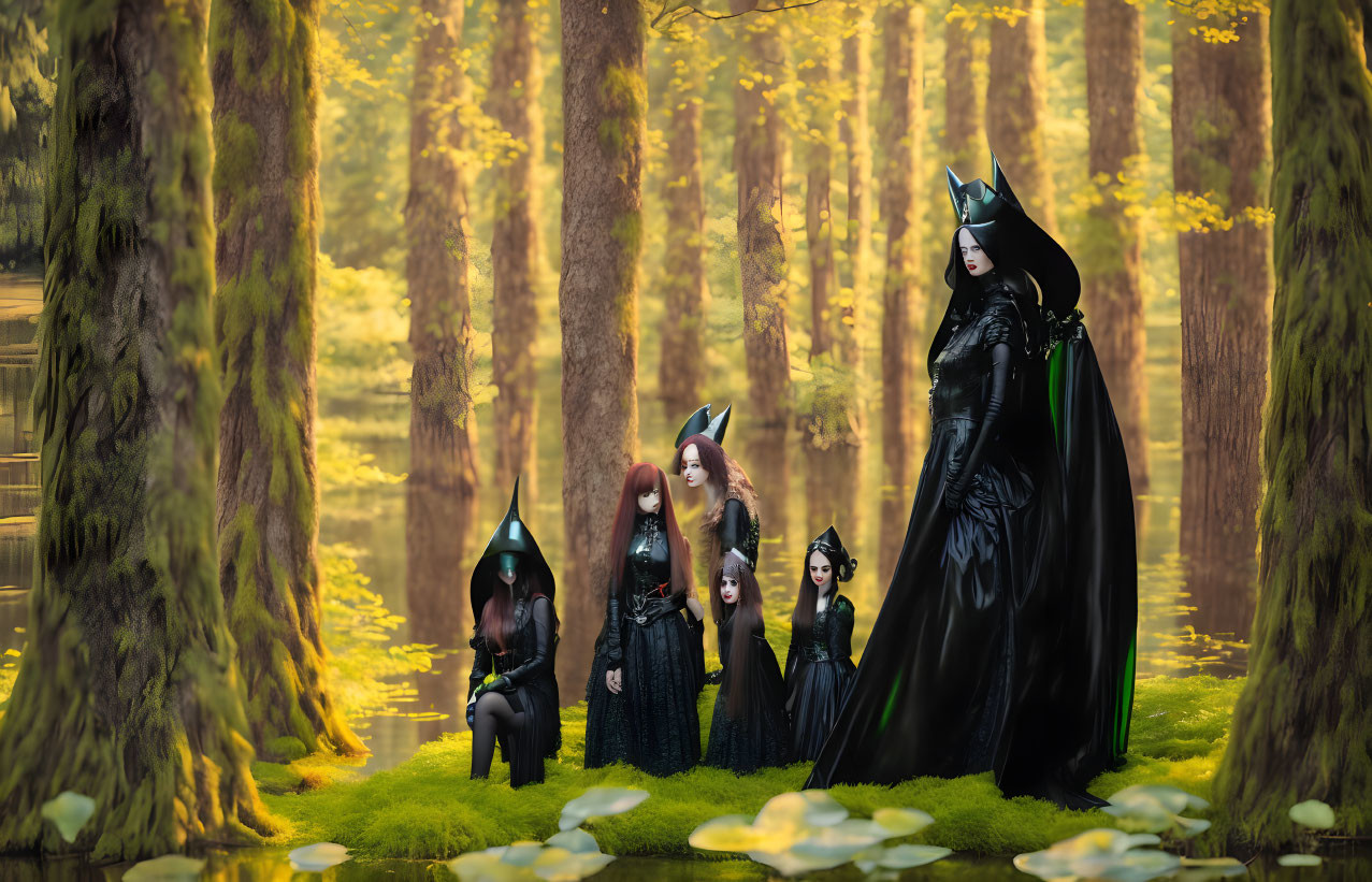Medieval fantasy group in dark costumes amid mossy forest with reflective water