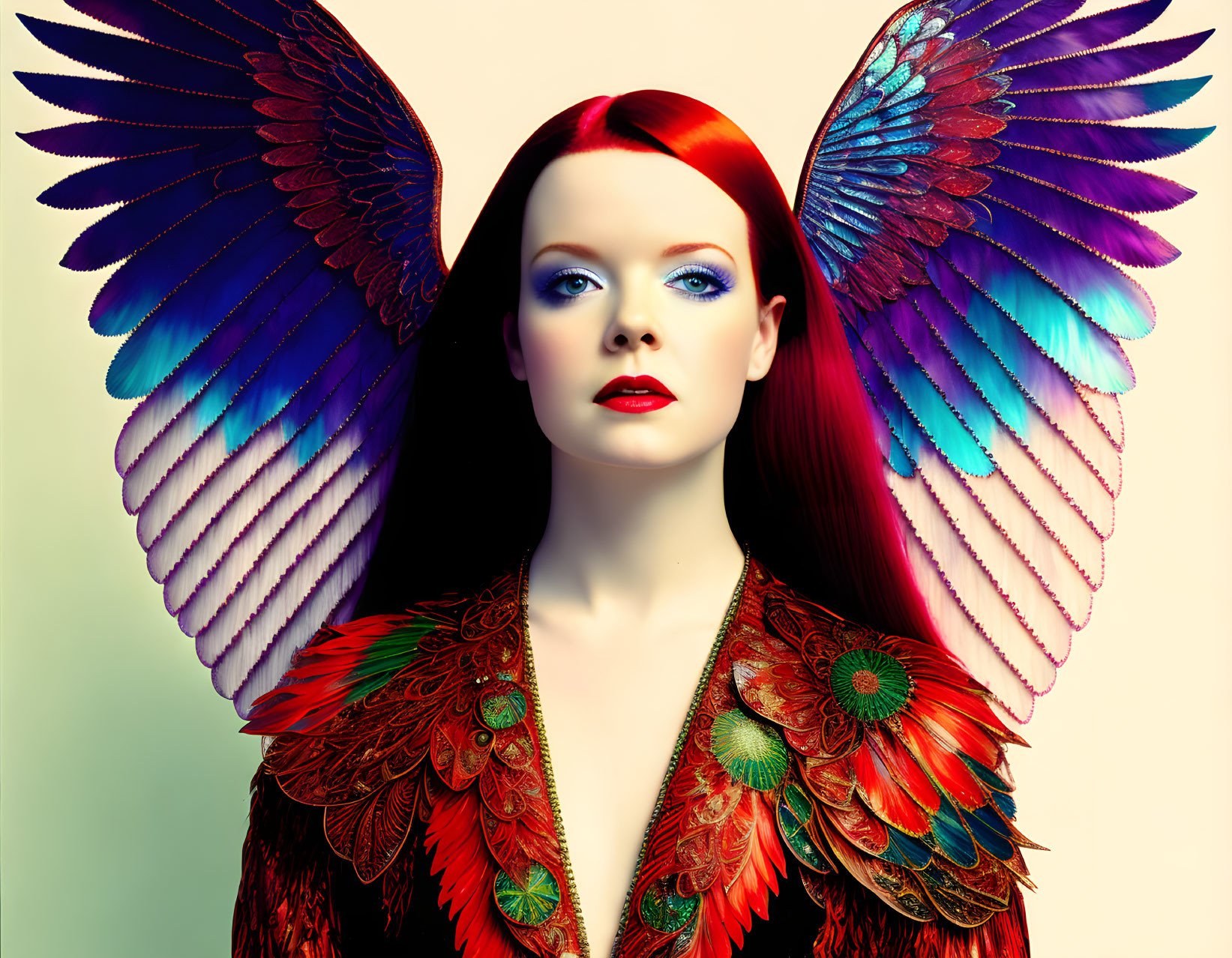 Striking red-haired woman with vibrant bird wings on two-tone background