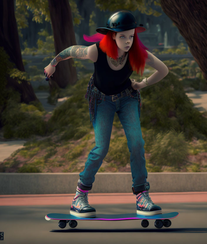 Red-haired skateboarder with tattoos in park, wearing cap, tank top, and jeans