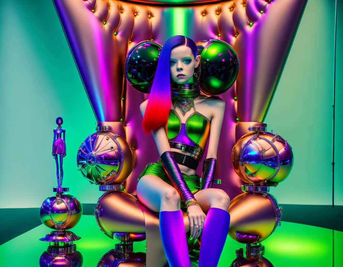 Vibrant futuristic portrait with colorful hair and outfit among metallic spheres and neon lights