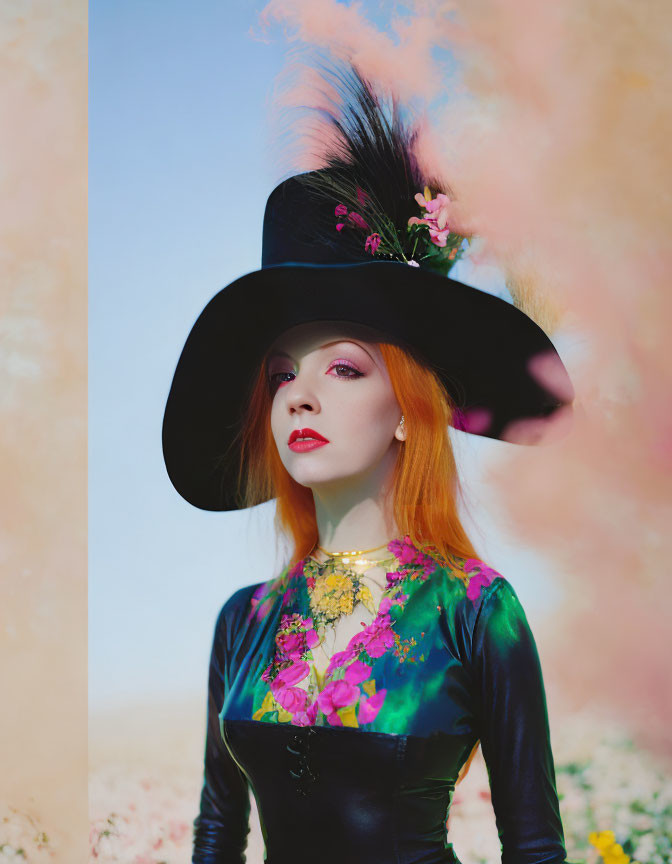 Red-haired person in striking makeup with wide-brimmed hat on floral background