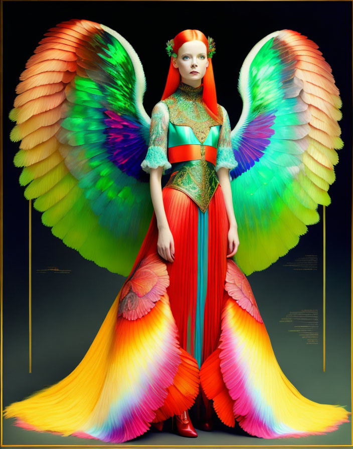 Colorful Winged Figure in Mythical Attire on Dark Background