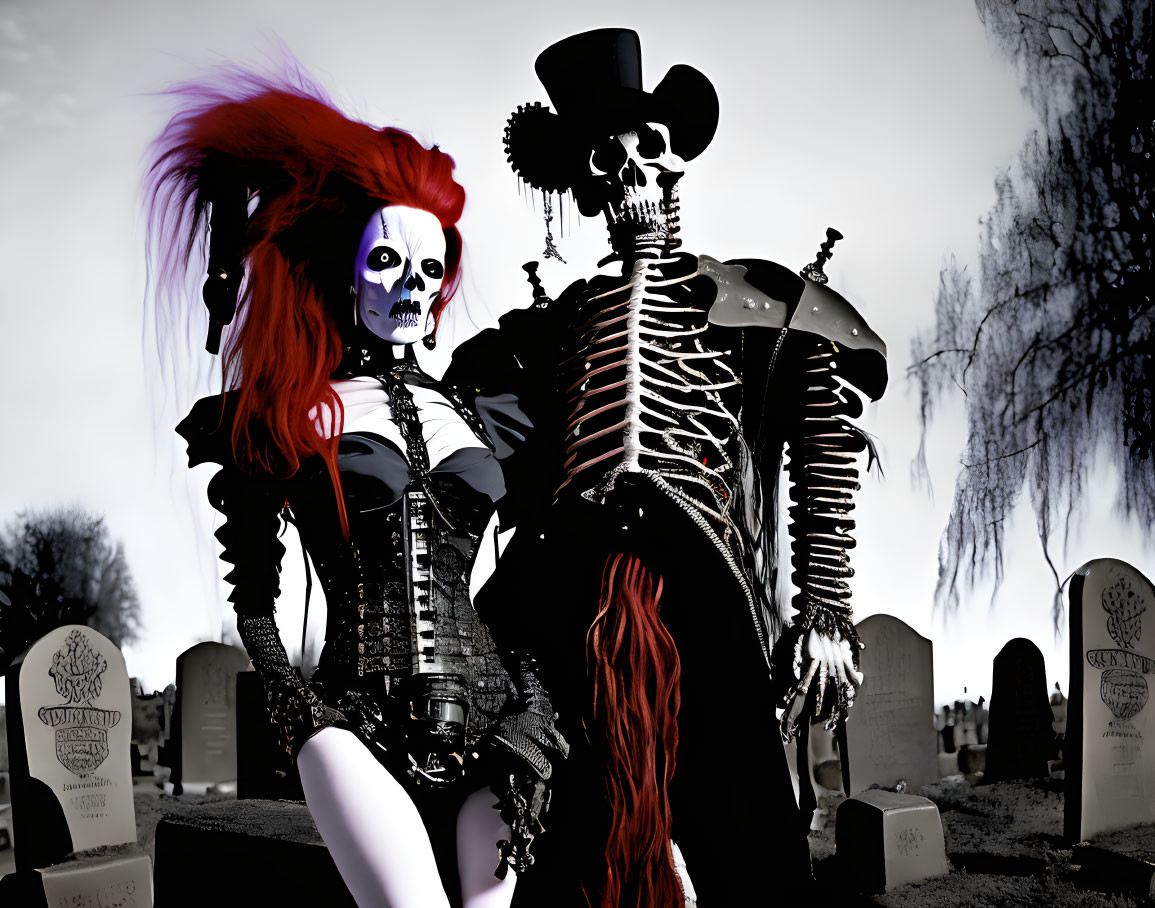 Elaborate skeletal costumes with red accents in graveyard setting