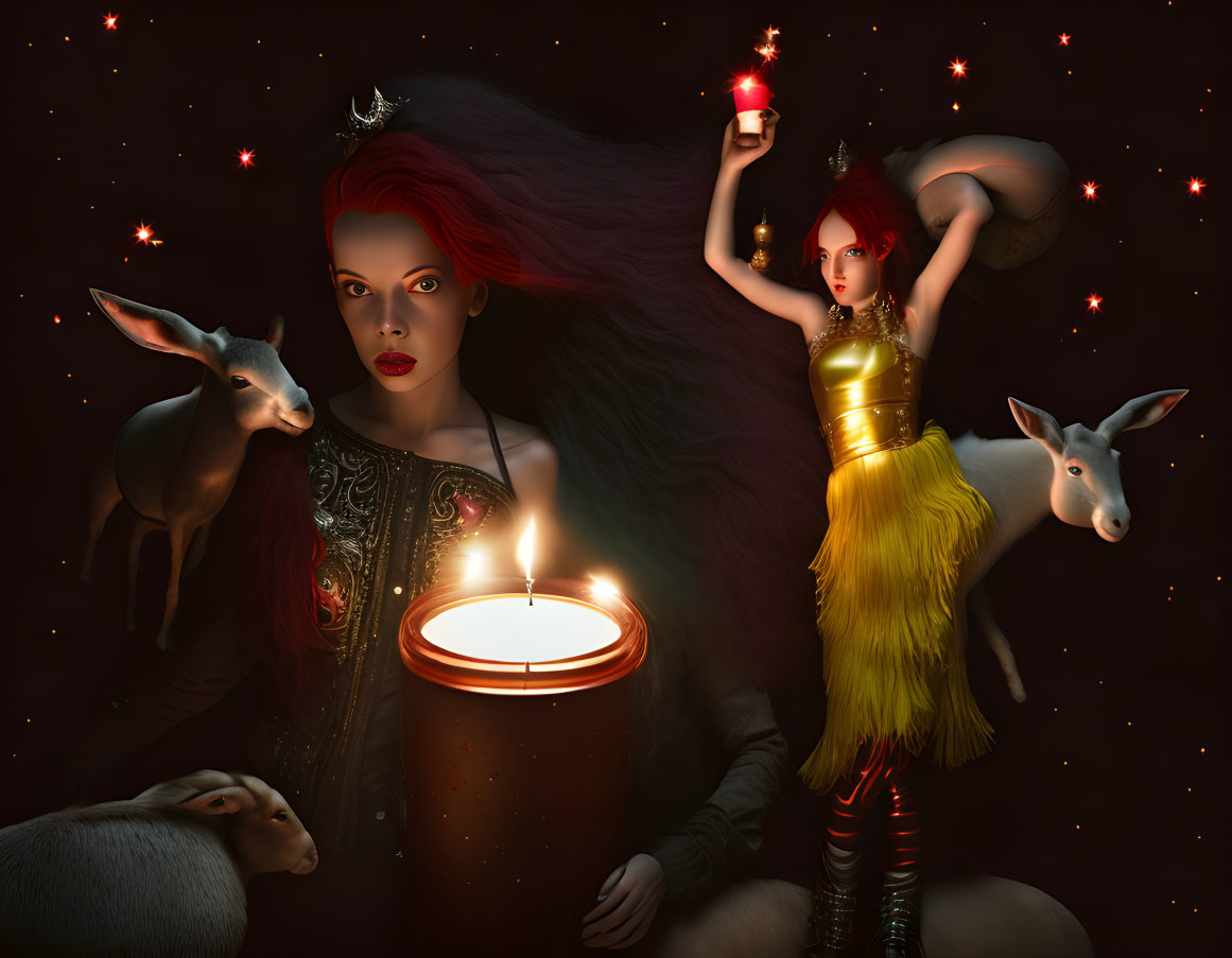 Red-haired woman with candle and ethereal animals in mystical scene