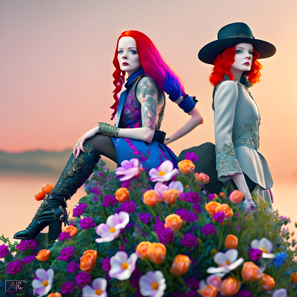 Vibrant women with colorful hair and outfits in floral sunset setting