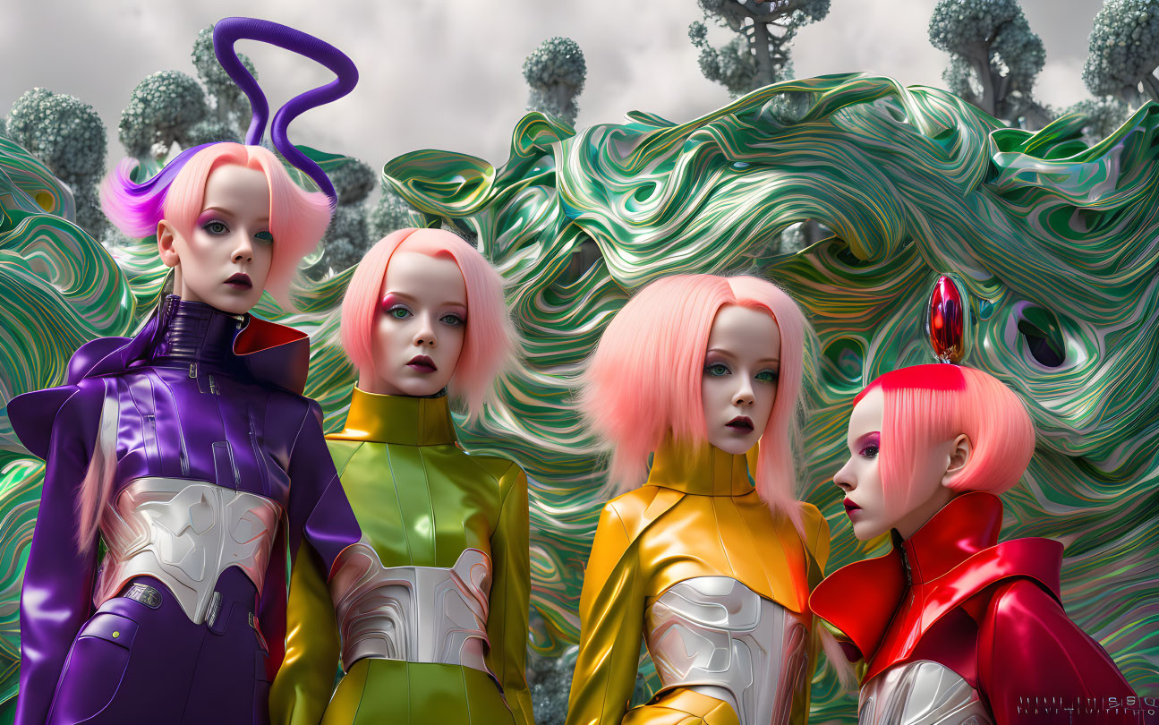 Stylized female figures with colorful hair and futuristic outfits against swirling green backdrop