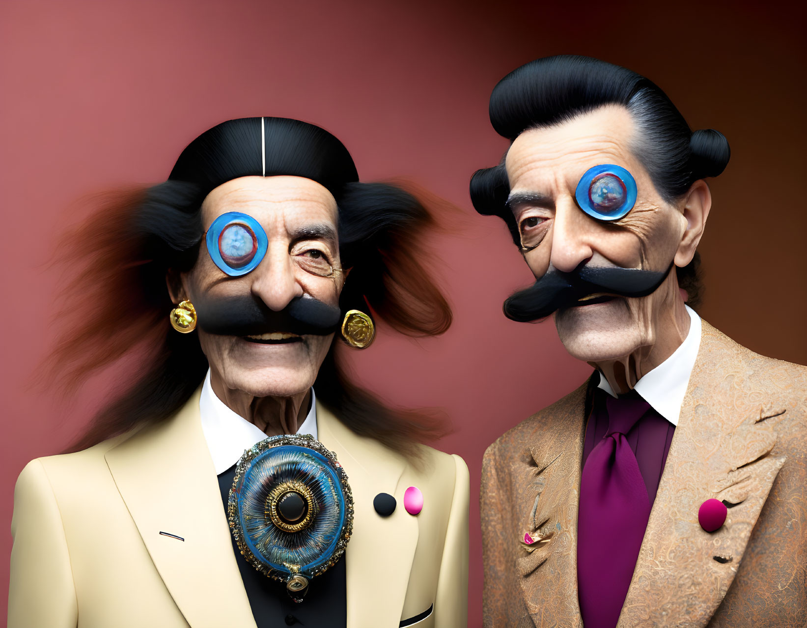 Surreal characters with oversized mustaches and vintage suits on red background