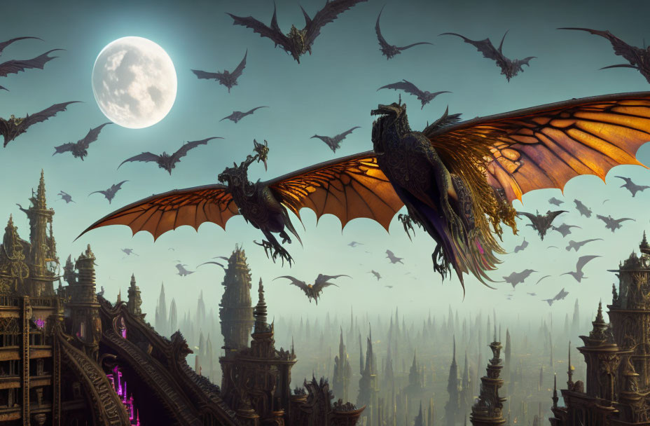 Dragons soaring above gothic spires in a surreal moonlit scene