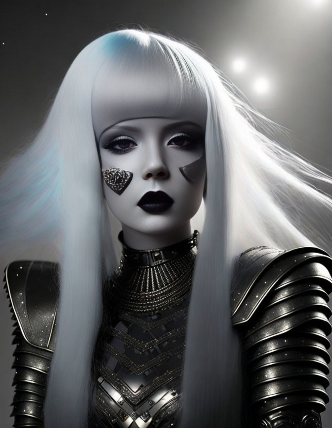 Portrait of person with long white hair, dark lipstick, heart-shaped patch, metallic armor, against dark