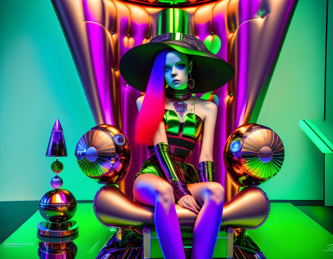 Futuristic image of a green-skinned woman with metallic accessories and neon lights