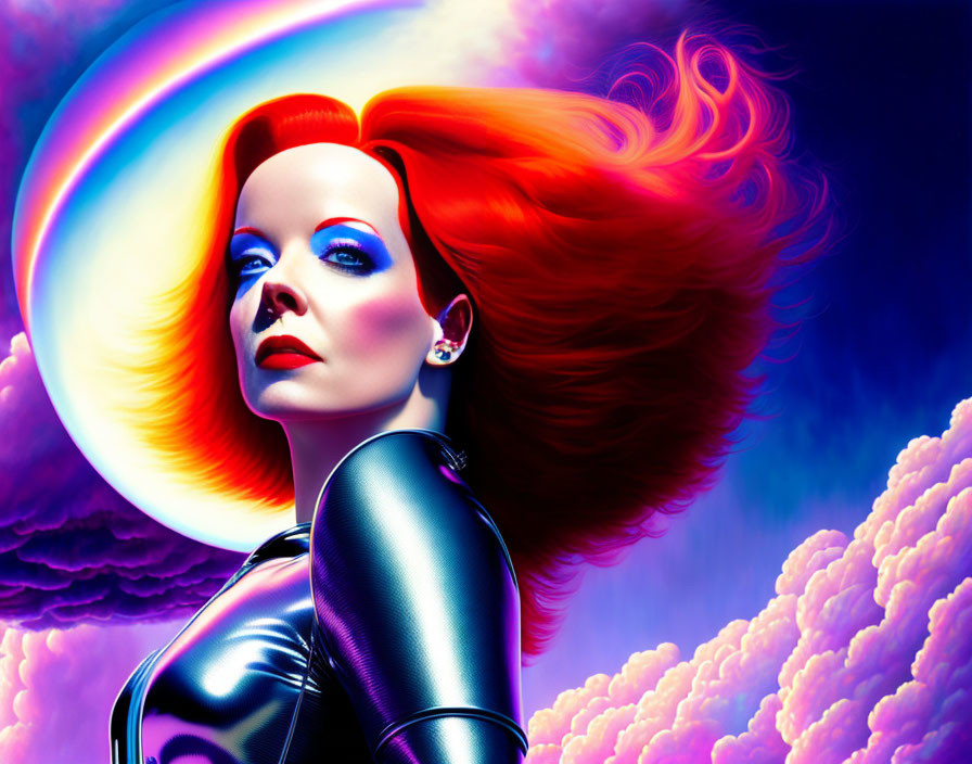 Digital artwork featuring woman with vibrant red hair and surreal backdrop.