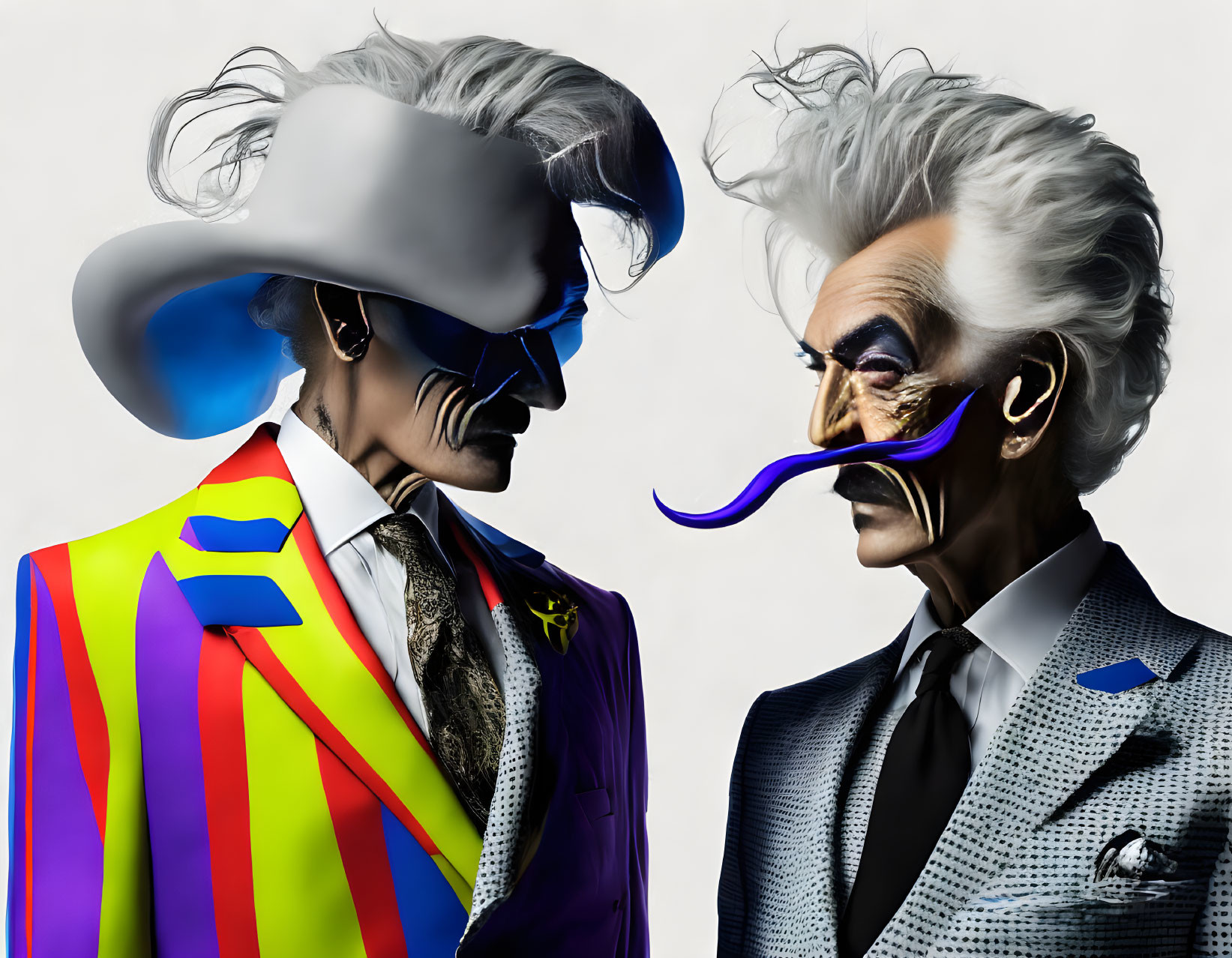 Colorful characters with exaggerated features and bold attire, showcasing unique facial hair and artistic makeup.