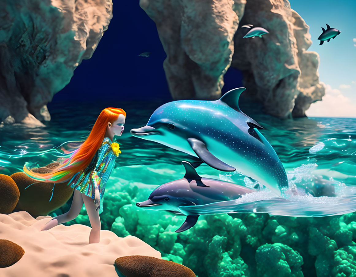Red-haired girl with dolphins in vibrant underwater scene