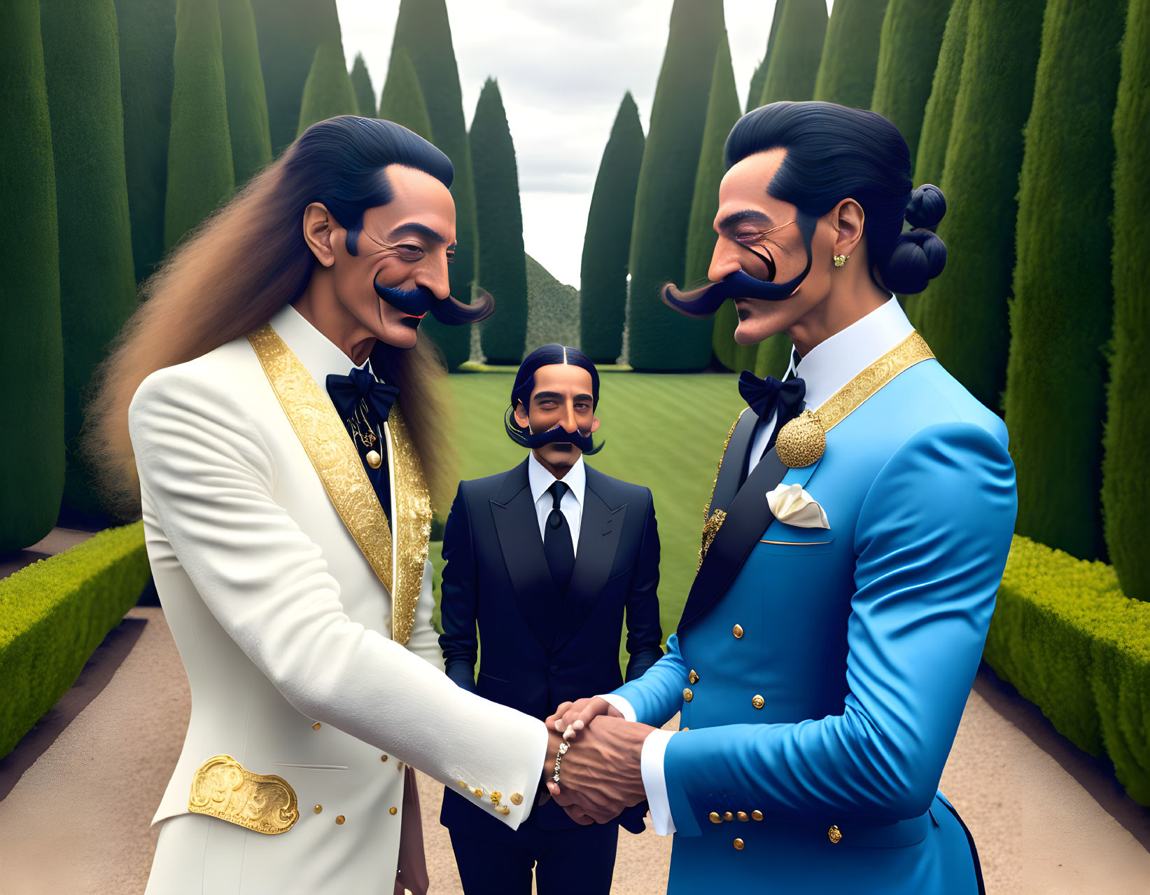 Exaggerated mustache cartoon characters in colorful suits shaking hands