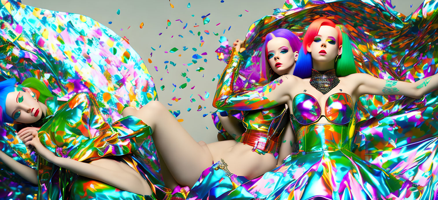 Vibrant makeup and colorful dresses on models with dynamic fabric movement.