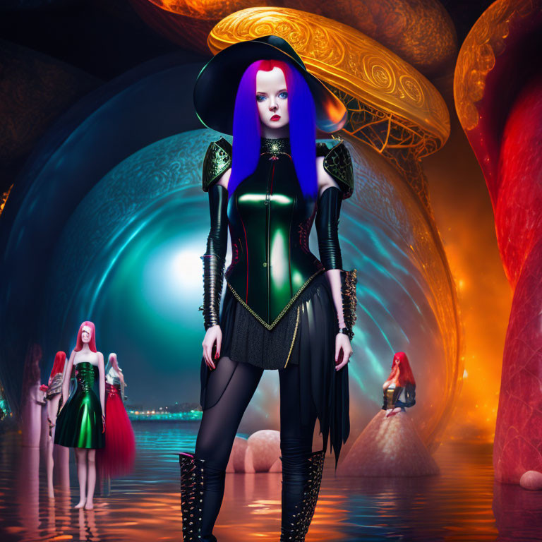 Colorful digital artwork featuring a woman with purple hair in a surreal corridor.