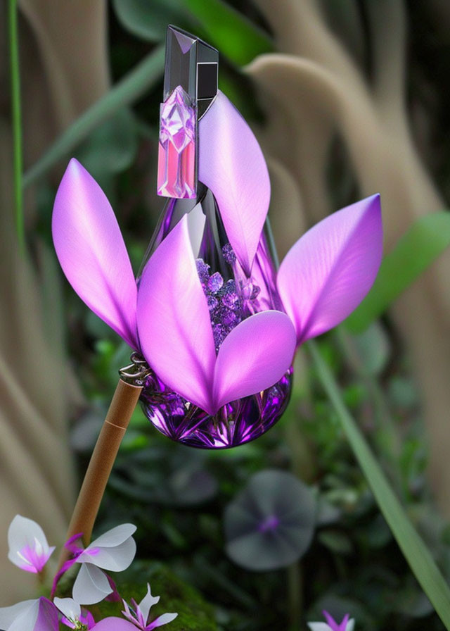Purple tulip-shaped fantasy bottle on wooden stick with crystalline top in floral background