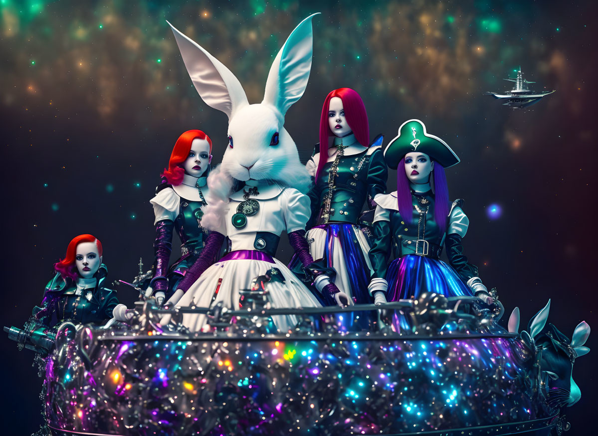 Gothic doll-like figures with white rabbit heads in cosmic costumes and spaceship.