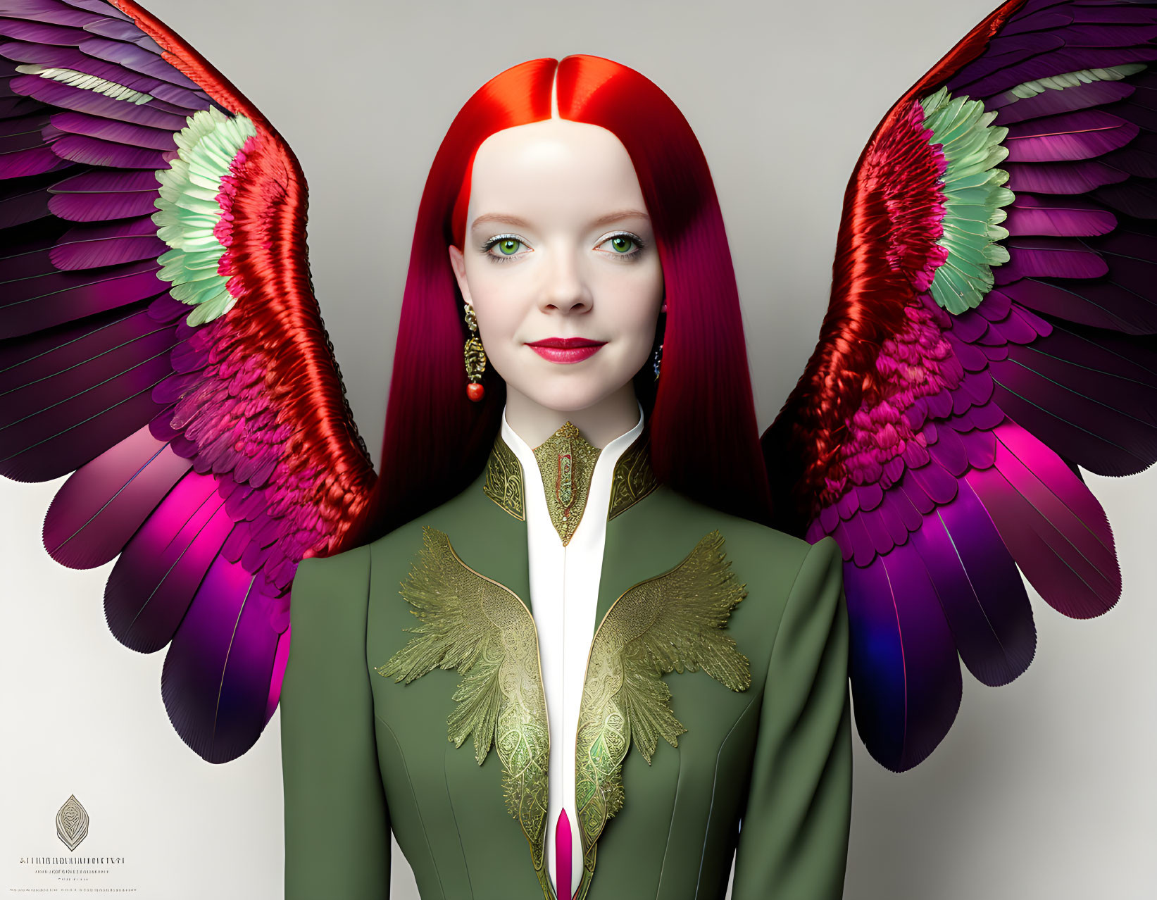 Colorful digital artwork: Woman with red hair, green attire, and bird-like wings on light background