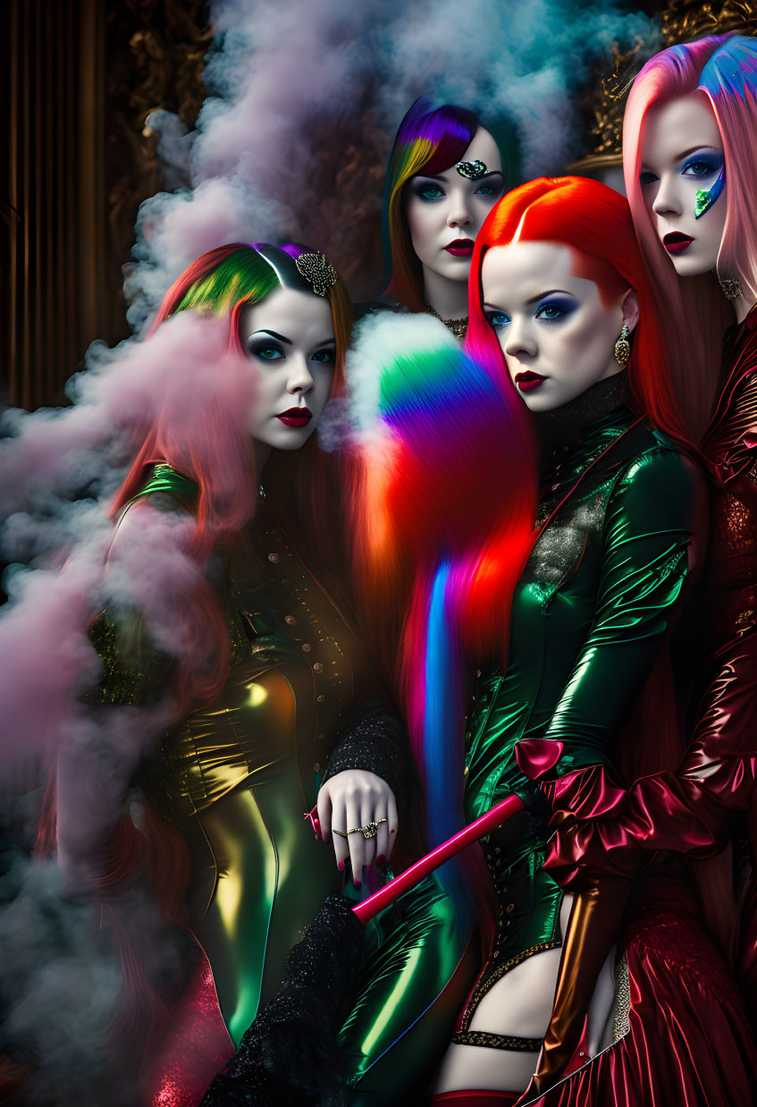 Four Women with Vibrantly Colored Hair and Bold Makeup in Gothic Setting