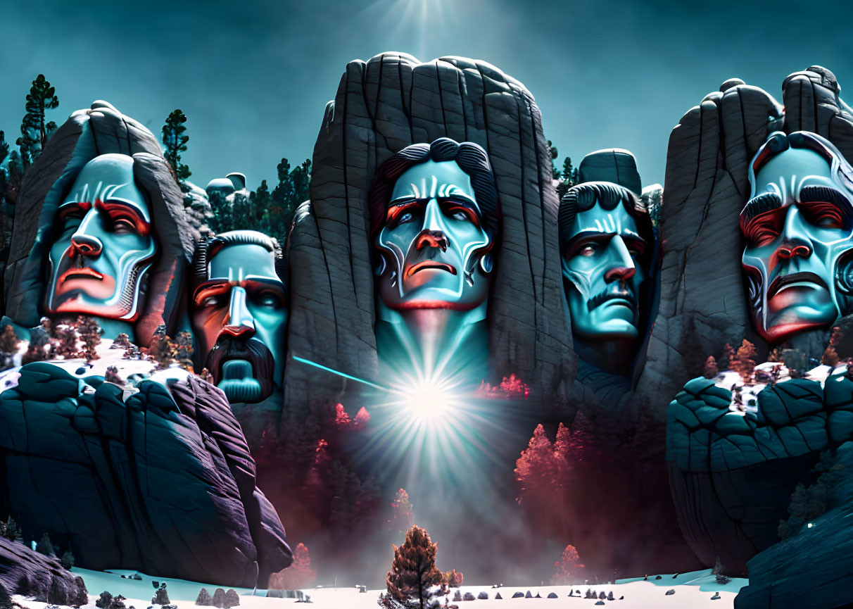 Surreal artwork: Mount Rushmore with exaggerated human faces under dark blue sky