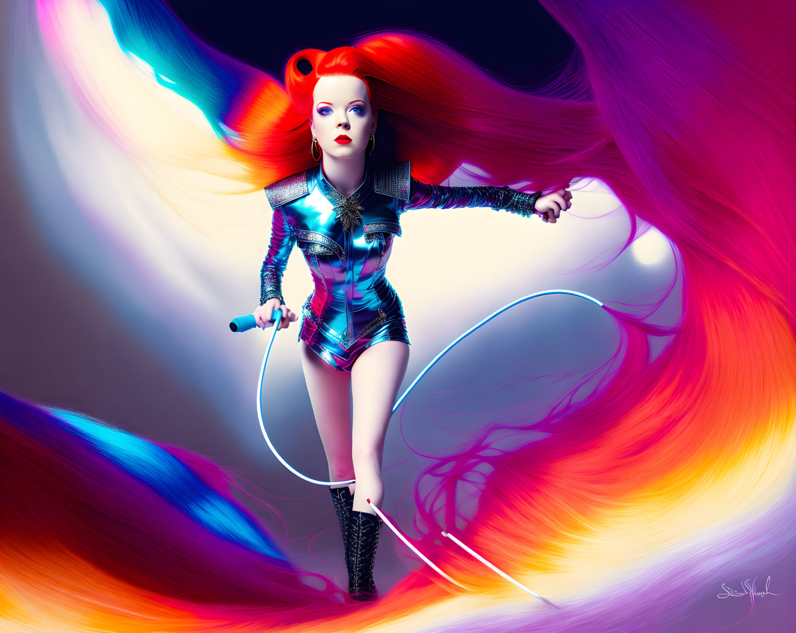Dynamic red-haired woman in futuristic outfit sings amidst abstract swirl of blue and pink.