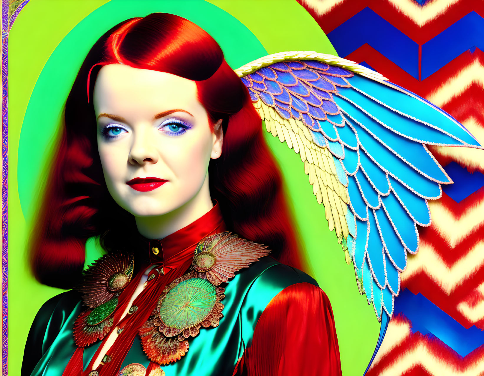 Colorful surreal portrait of a woman with red hair and winged shoulders on geometric backdrop