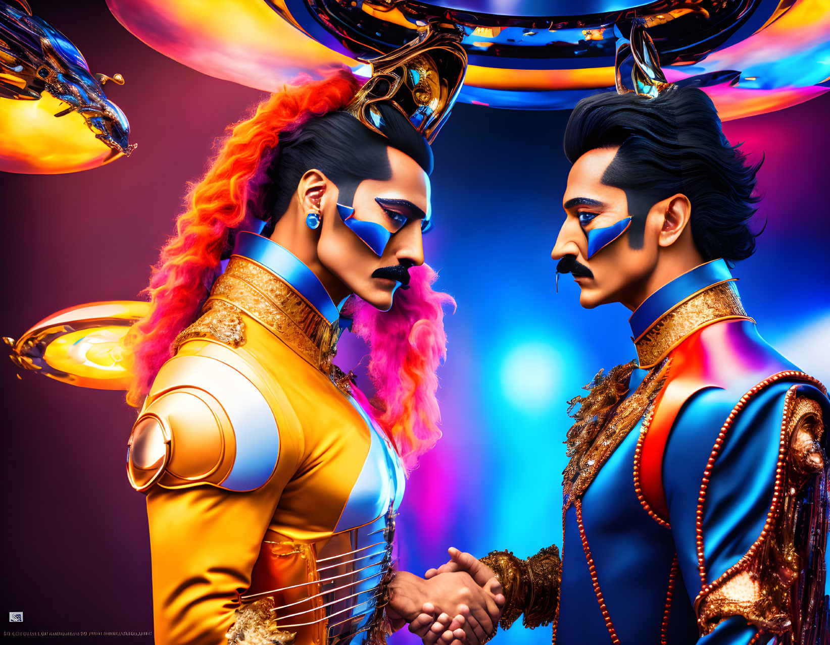 Two individuals in blue and gold costumes with futuristic makeup shaking hands.