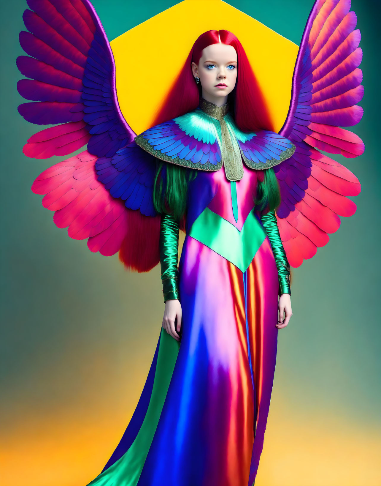 Colorful Woman in Rainbow Dress with Bird Wings and Yellow Halo Background