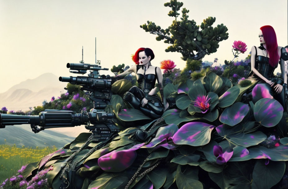 Stylized female characters with red hair and sniper rifle in colorful meadow