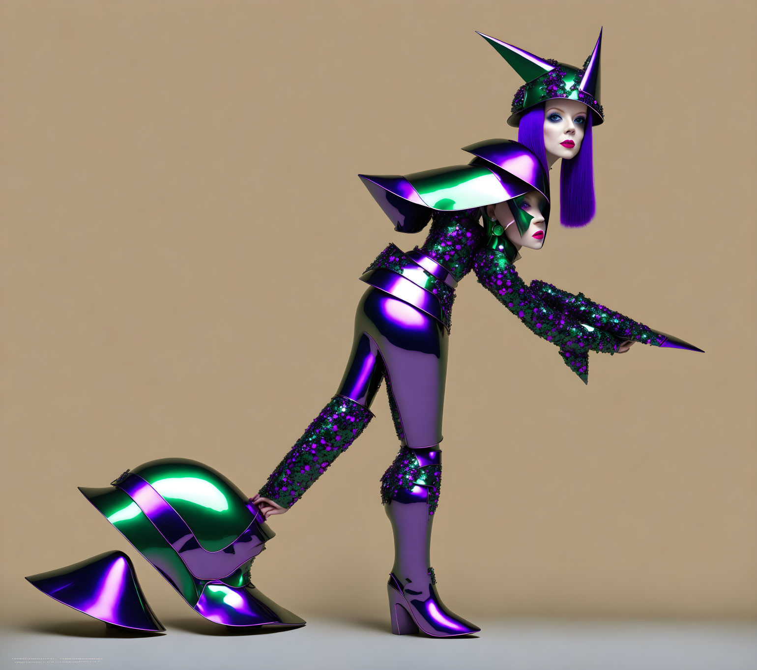 Iridescent purple futuristic female figure with pointed shoulders and reflective second face