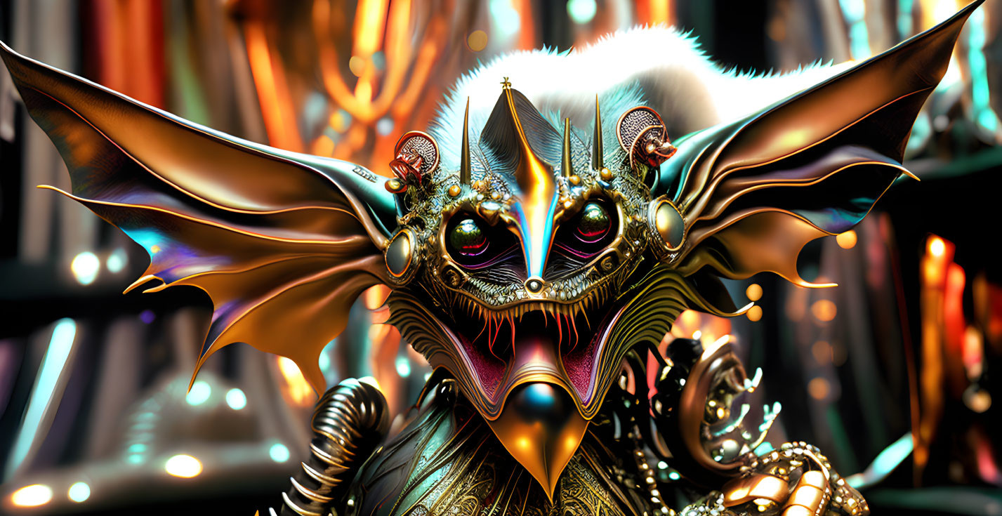 Detailed fantastical creature in golden armor with multiple eyes and wing-like appendages on futuristic blurred background