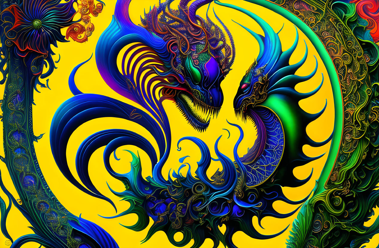 Vibrant Dragon Artwork with Intricate Patterns