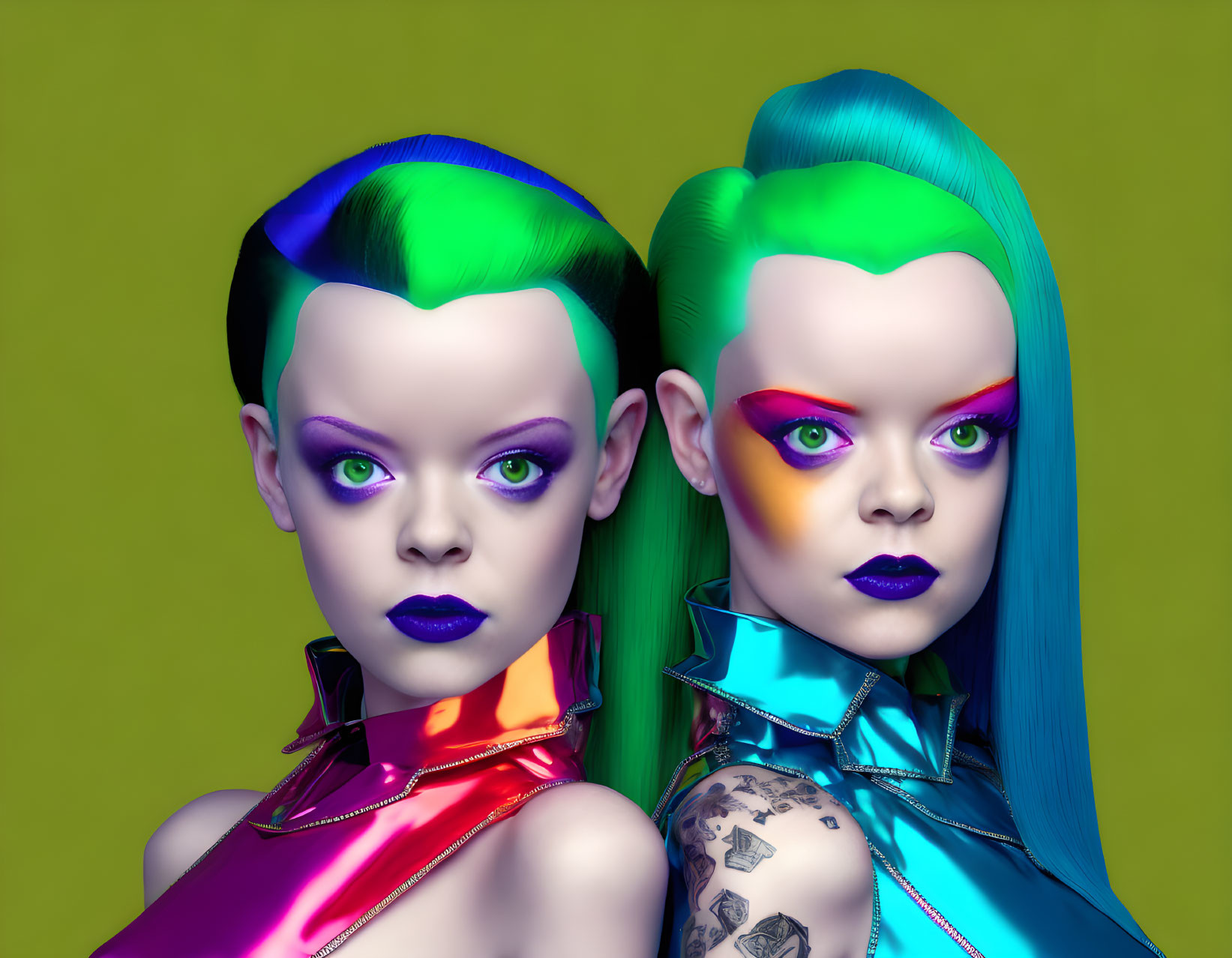 Vibrant green and blue hair figures in metallic clothing on green background