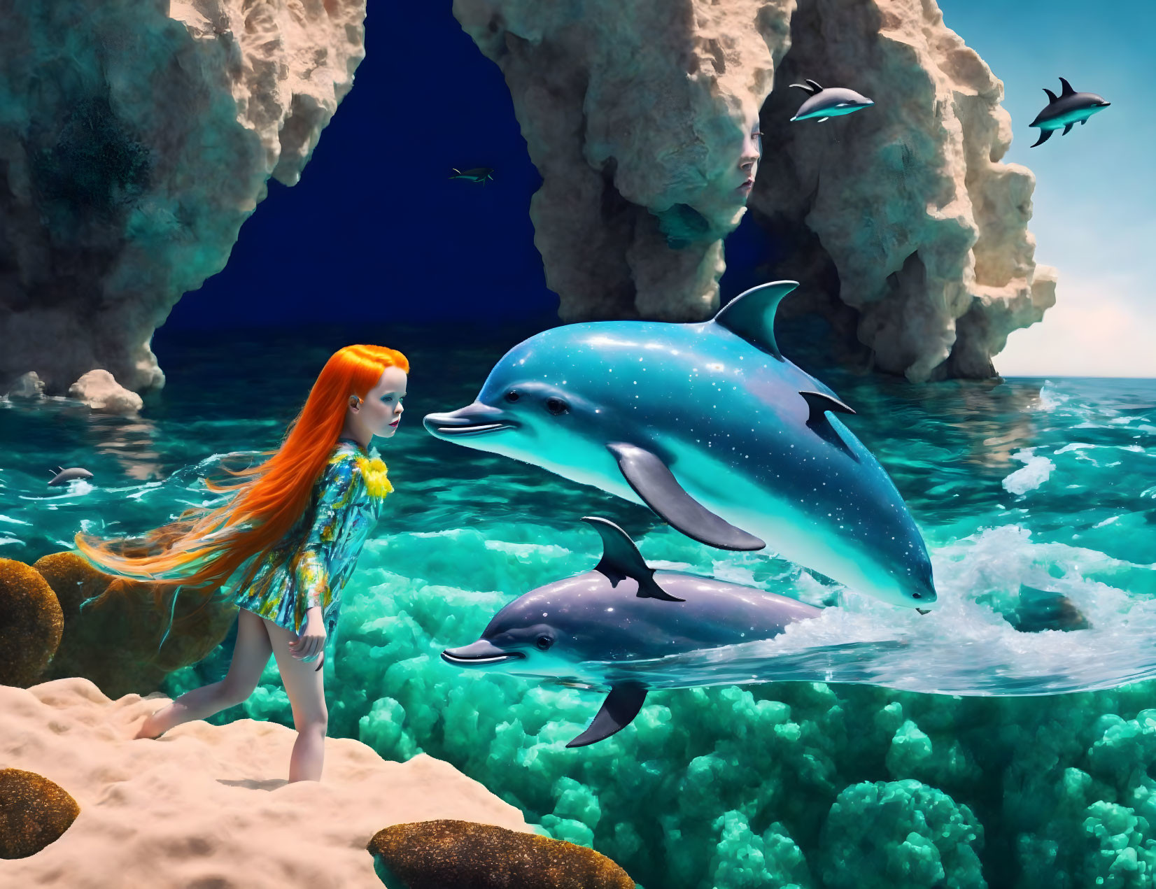 Red-haired girl with dolphins by rocky seaside and flying fish