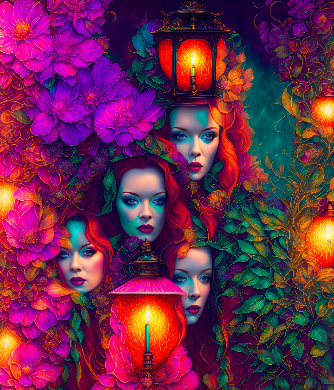 Vibrant illustration of four women's faces surrounded by flowers and lanterns