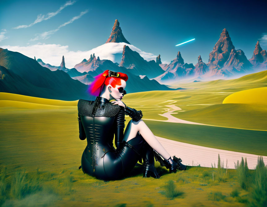 Red-haired person in futuristic attire on vibrant desert landscape