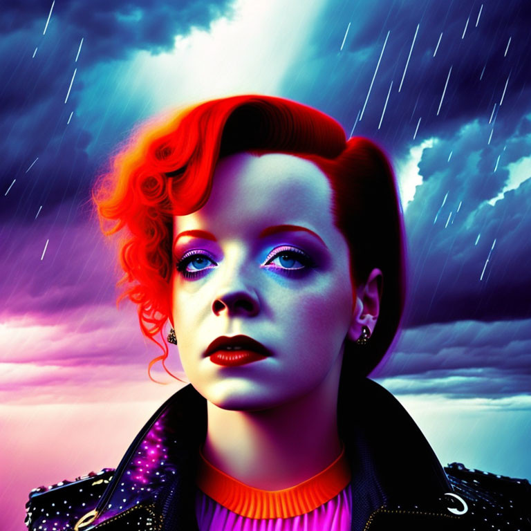 Fiery red-haired woman in surreal twilight sky setting