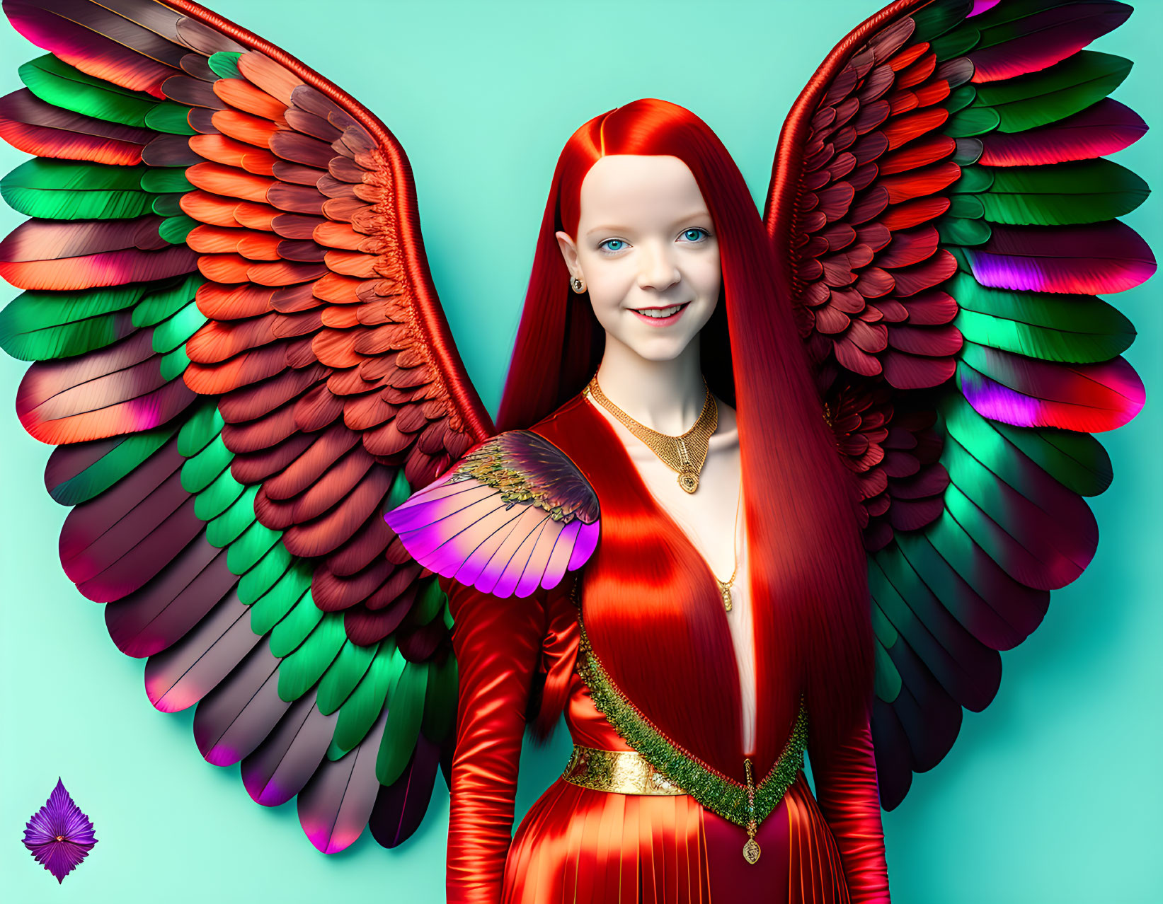 Colorful digital artwork: Woman with red hair, wings, red dress, smiling on teal background