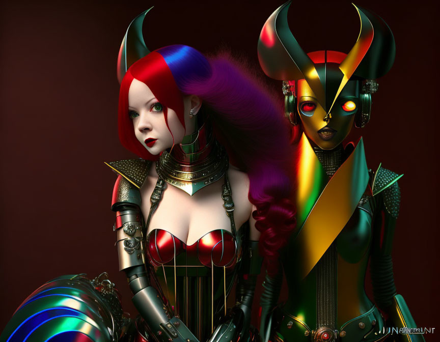 Stylized female figures in futuristic costumes with horns and unique features